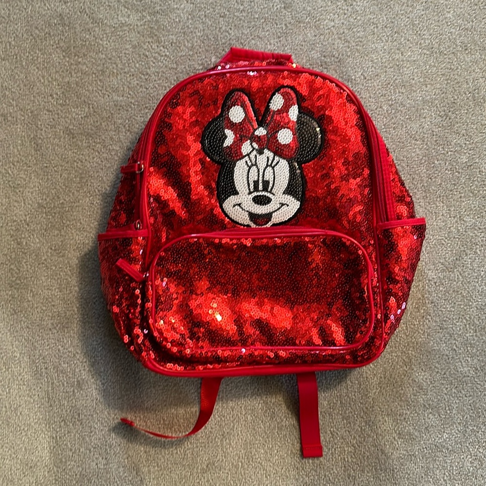 New with tag. Disney Store Minnie Mouse Backpack 16" School Girls Sequin Red